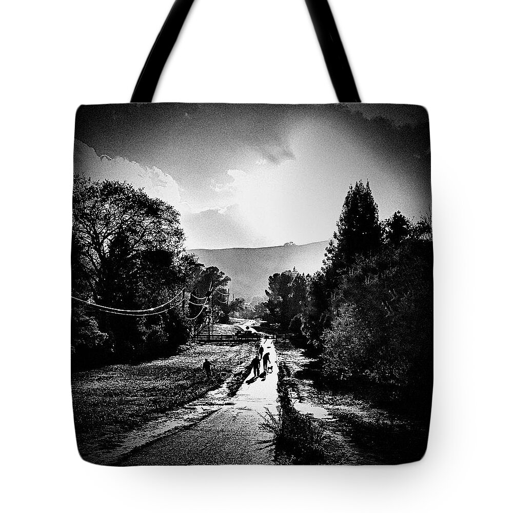 Black And White Tote Bag featuring the photograph The Dog Walkers by Brad Hodges
