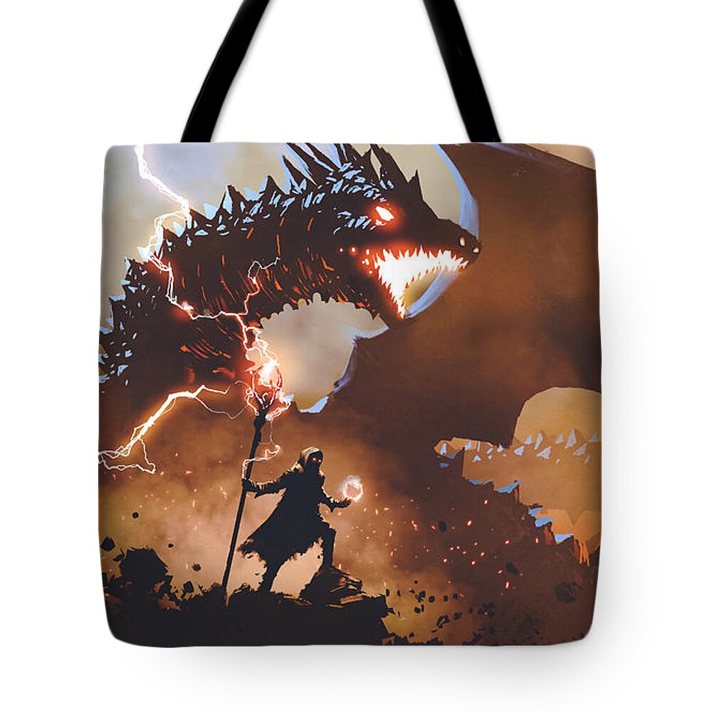 Illustration Tote Bag featuring the painting The Dragon Wizard by Tithi Luadthong