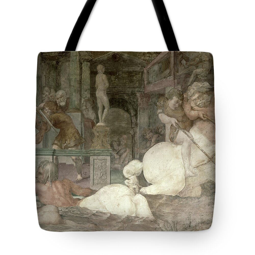 Fight Tote Bag featuring the painting The Education Of Achilles, Detail Of The Decorative Scheme In The Gallery Of Francis I, 1530-40 by Giovanni Battista Rosso Fiorentino