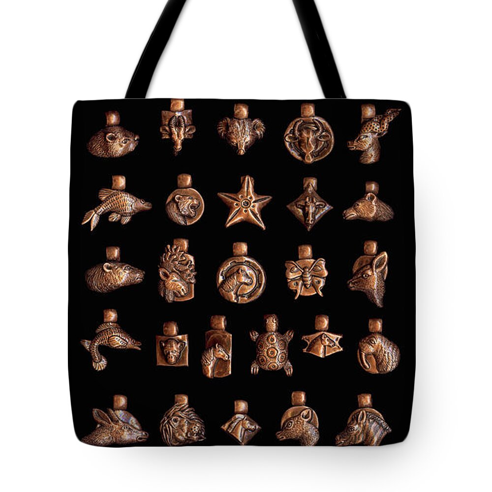 Polymer Clay Tote Bag featuring the jewelry The Exalted Beauty Copper Animal Medallion Collection. Display 1 by Amy E Fraser