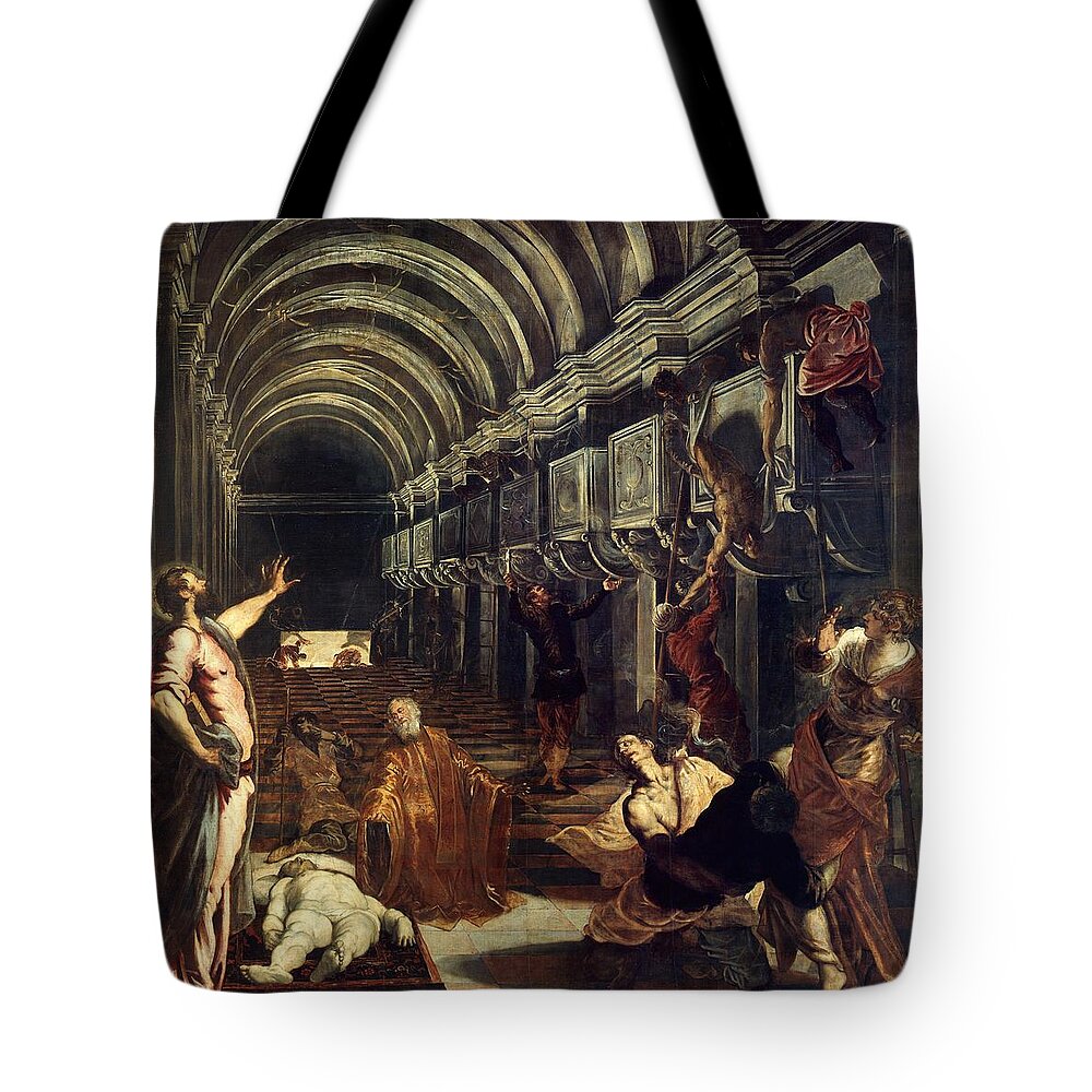 San Marcos Tote Bag featuring the painting The Finding of the Body of Saint Mark. Oil on canvas. 369x 400 cm, 1562-1566. SAN MARCOS. by Tintoretto -1518-1594-
