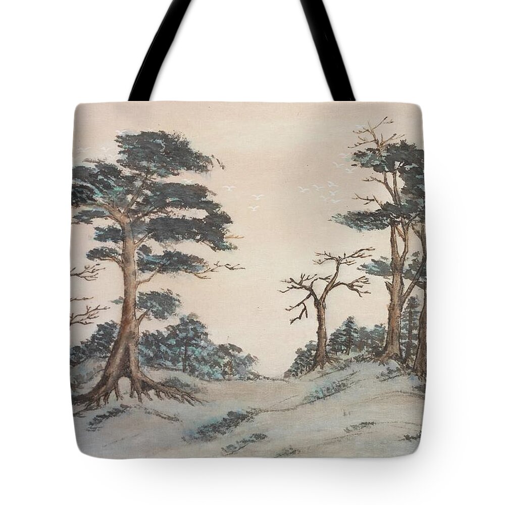 Chinese Watercolor Tote Bag featuring the painting Flying White Birds  by Jenny Sanders