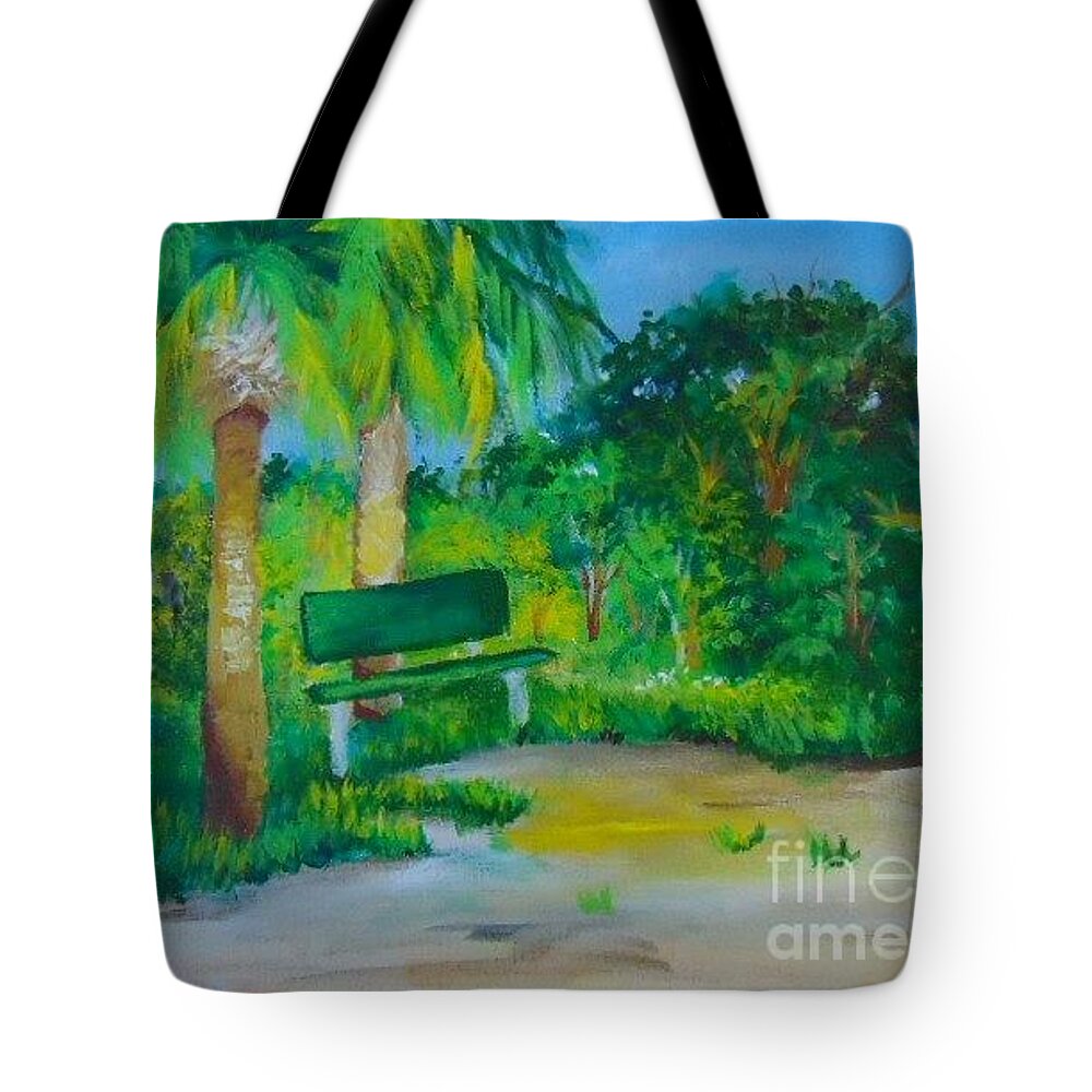 Green Tote Bag featuring the painting The Green Bench by Saundra Johnson