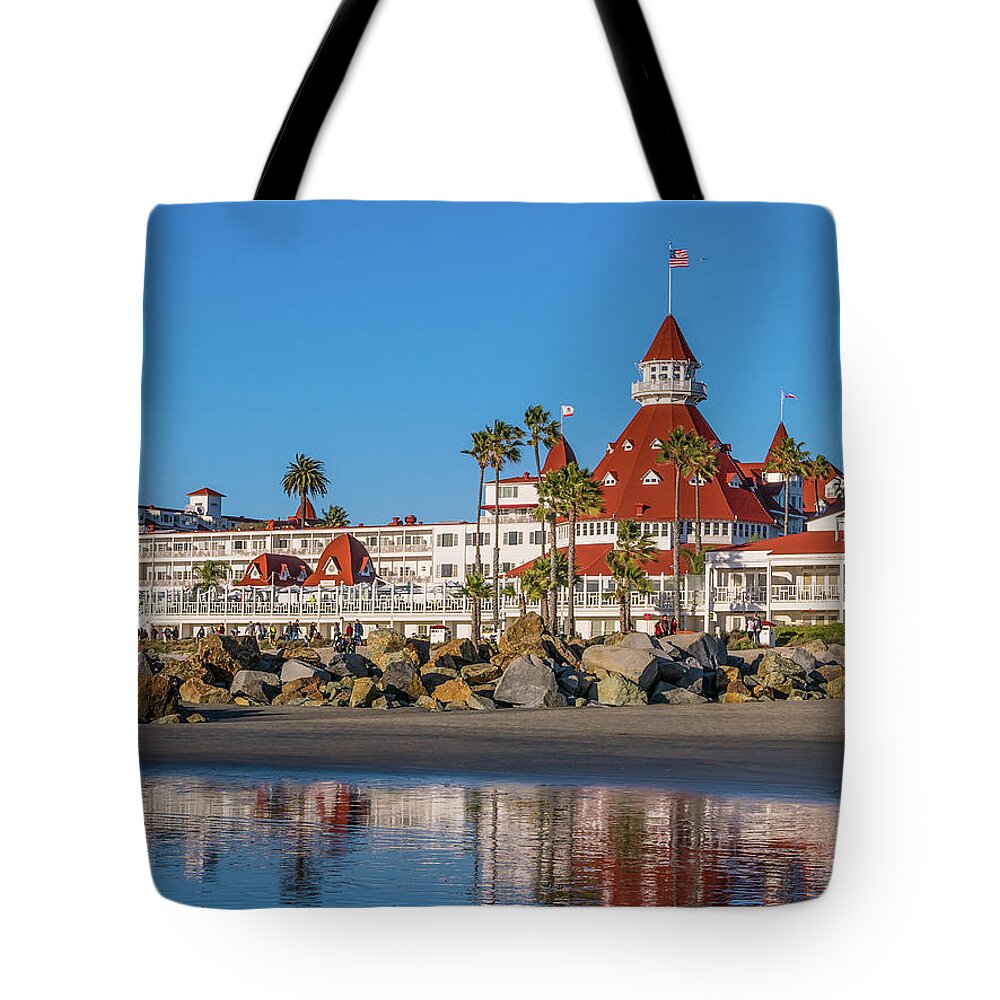 San Diego Tote Bag featuring the photograph The Hotel del Coronado Beach Reflection San Diego by Robert Bellomy