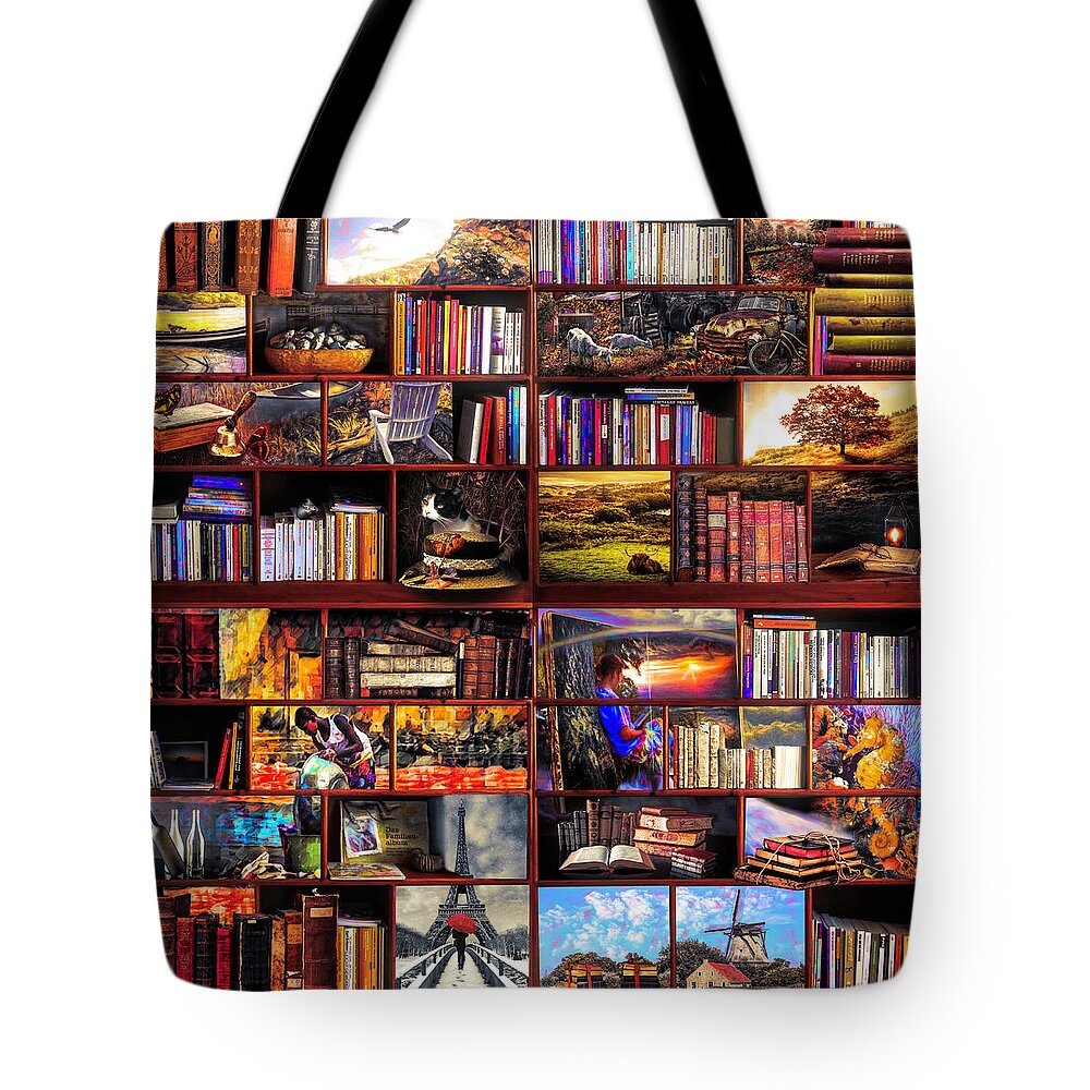 Boats Tote Bag featuring the digital art The Library The Golden Travel Section by Debra and Dave Vanderlaan
