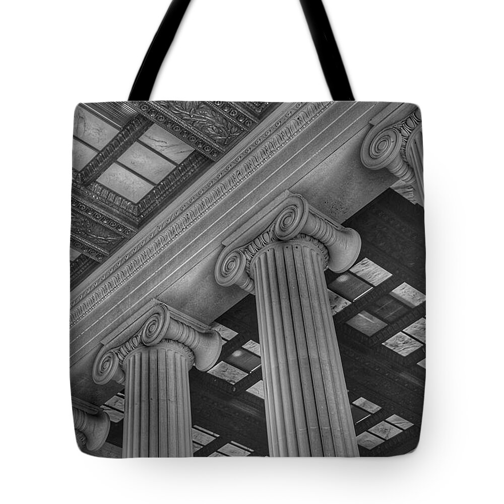 Abraham Lincoln Tote Bag featuring the photograph The Lincoln Memorial Washington D. C. - Black and White Abstract Pillars Details 2 by Marianna Mills
