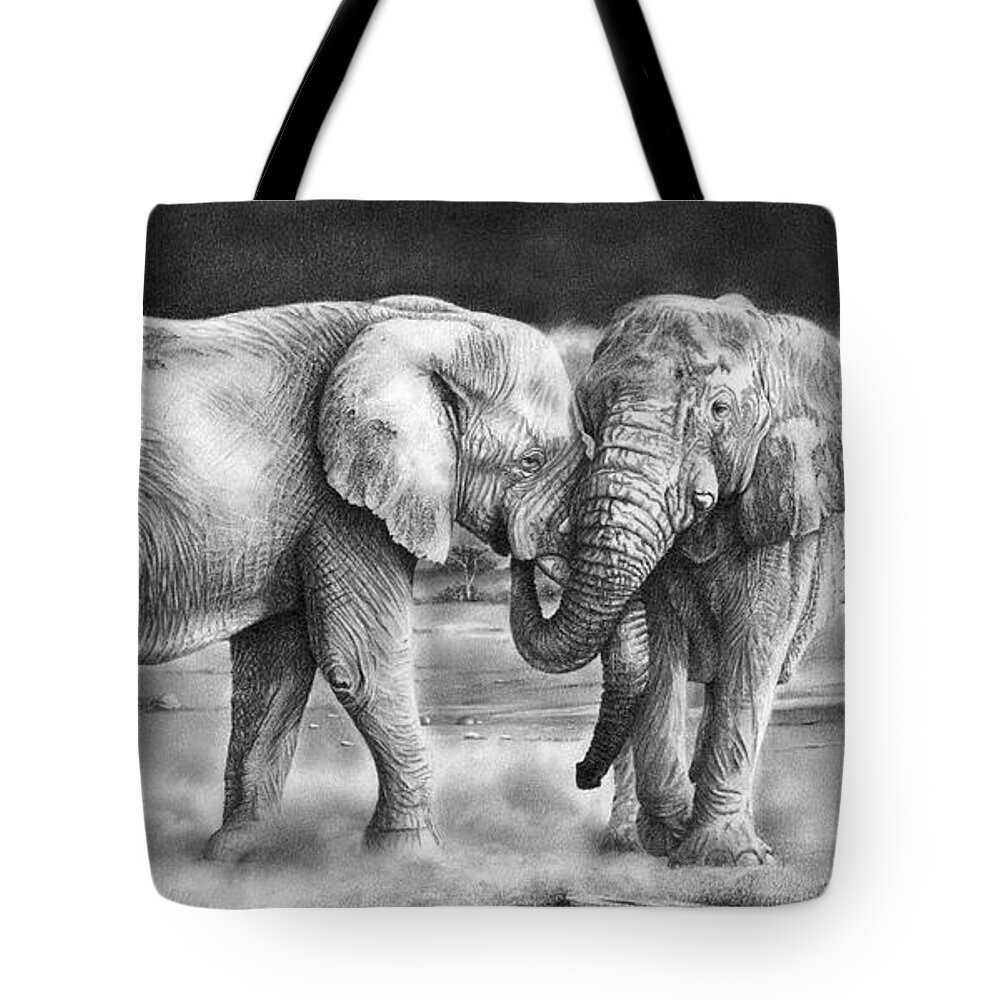 Elephants Tote Bag featuring the drawing The Meeting by Peter Williams