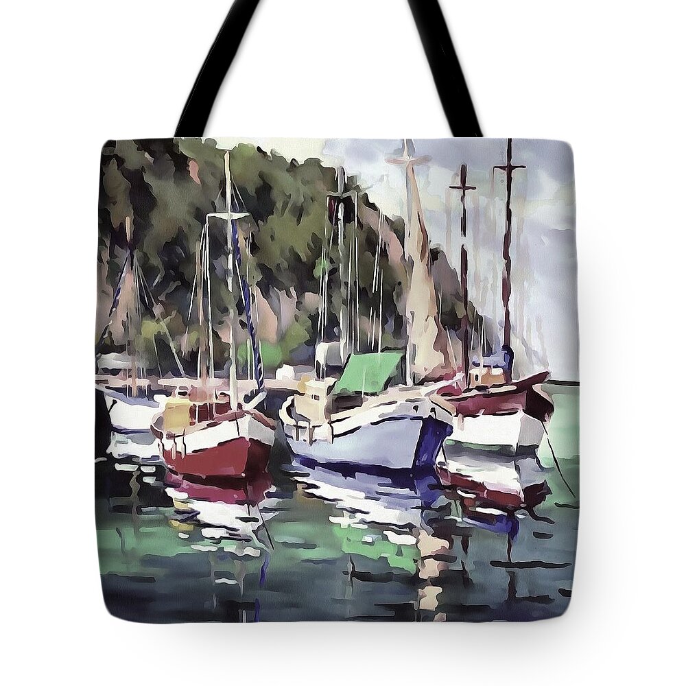 Boat Tote Bag featuring the painting The Mooring by Taiche Acrylic Art