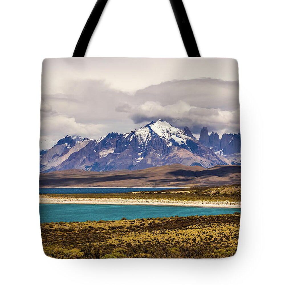Mountain Tote Bag featuring the photograph The mountains of Torres del Paine National Park, Chile by Lyl Dil Creations