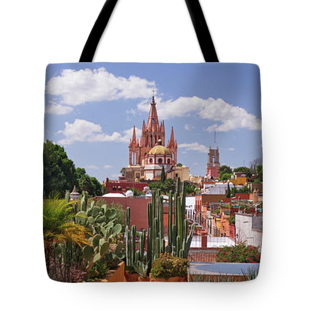 Panoramic Tote Bag featuring the photograph The Parroquia From Calle Aldama by Jeremy Woodhouse