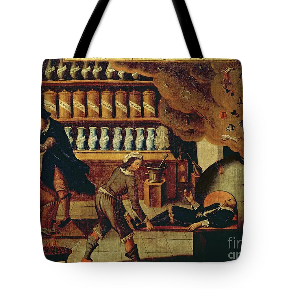 Bottle Tote Bag featuring the painting The Pharmacist's Workshop by French School