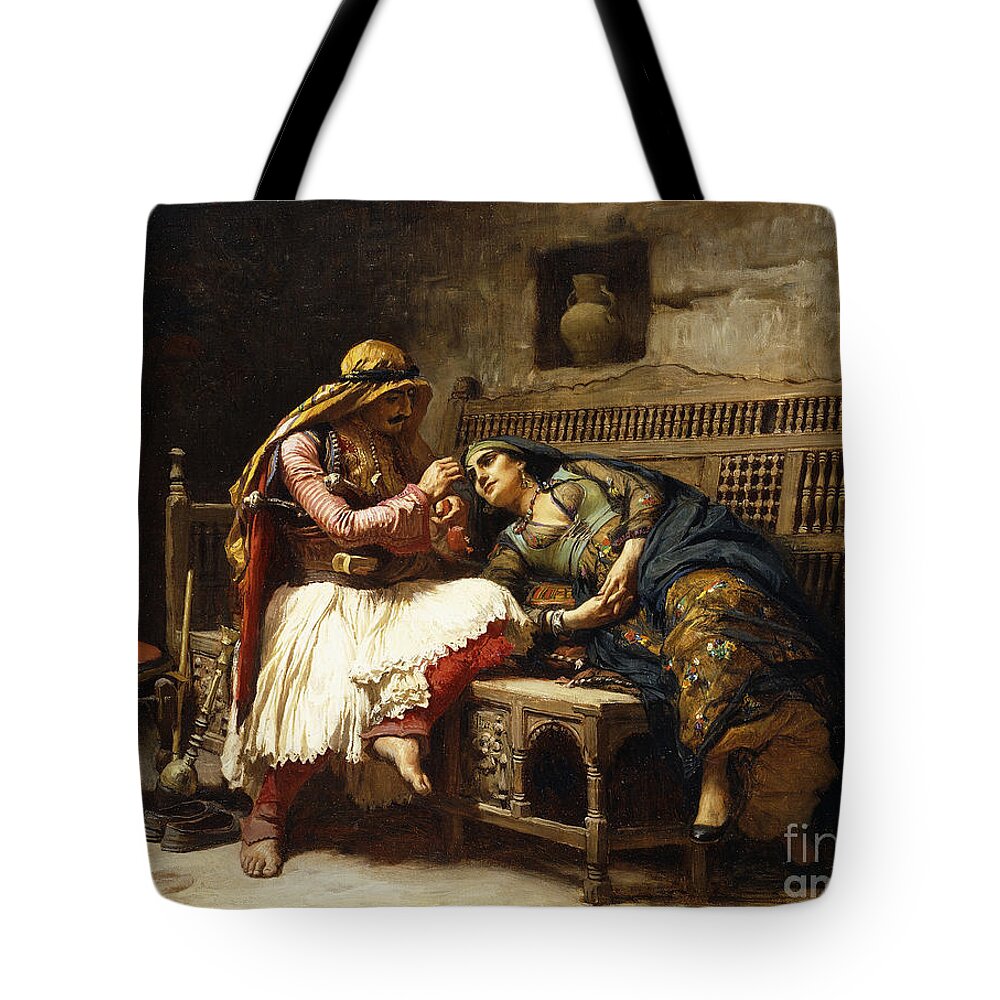 Bench Tote Bag featuring the painting The Queen Of The Brigands by Frederick Arthur Bridgman