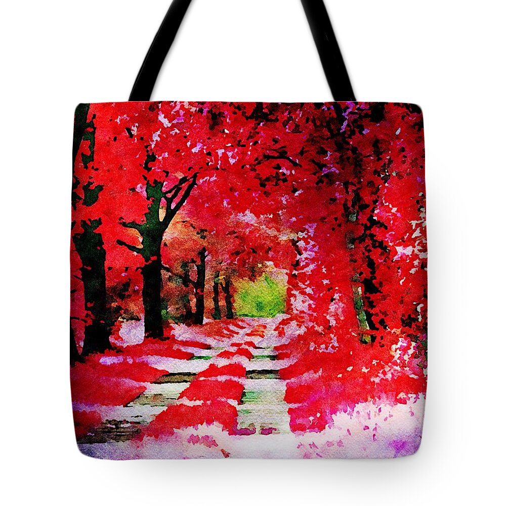 Red Tote Bag featuring the painting The red autumn forest - Watercolor by Patricia Piotrak