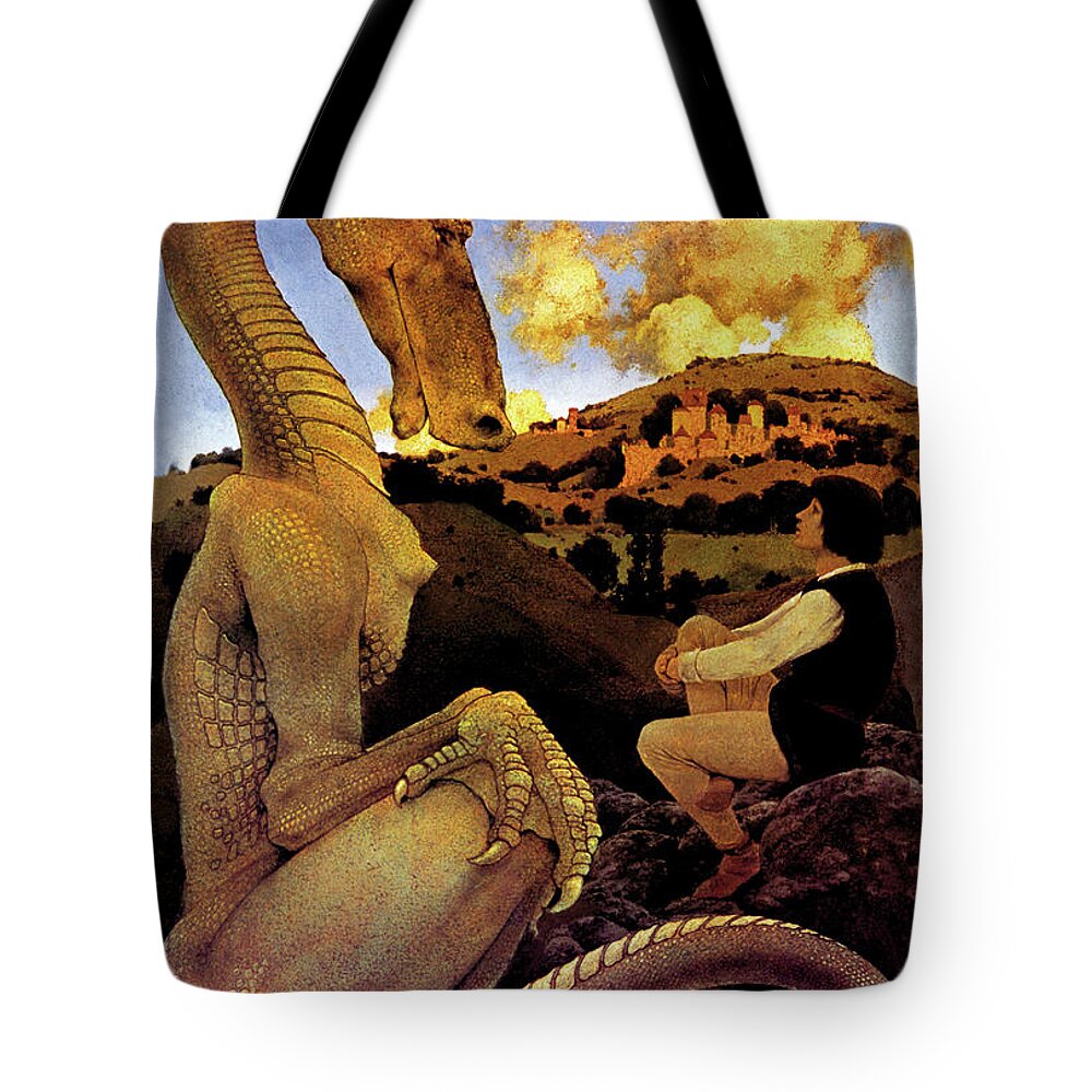 Dragon Tote Bag featuring the painting The Reluctant Dragon by Maxfield Parrish
