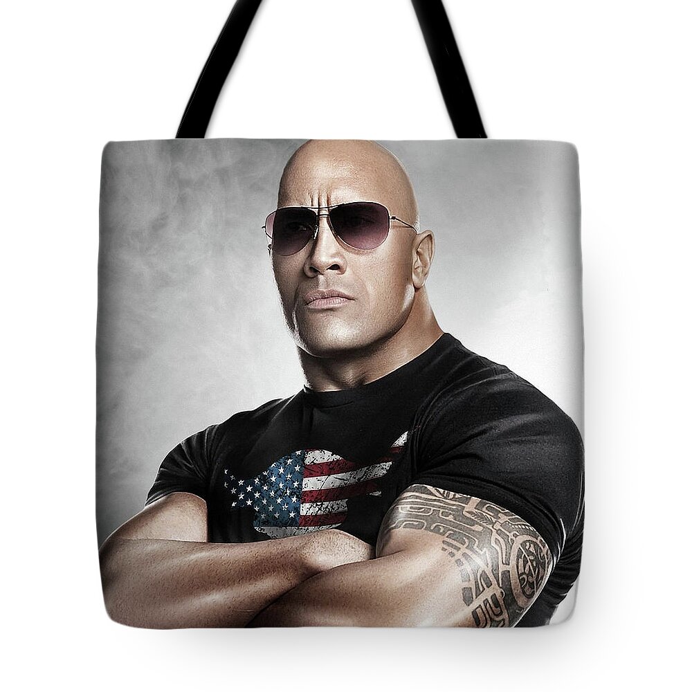 The Rock Tote Bag featuring the photograph The Rock Dwayne Johnson I I by Movie Poster Prints