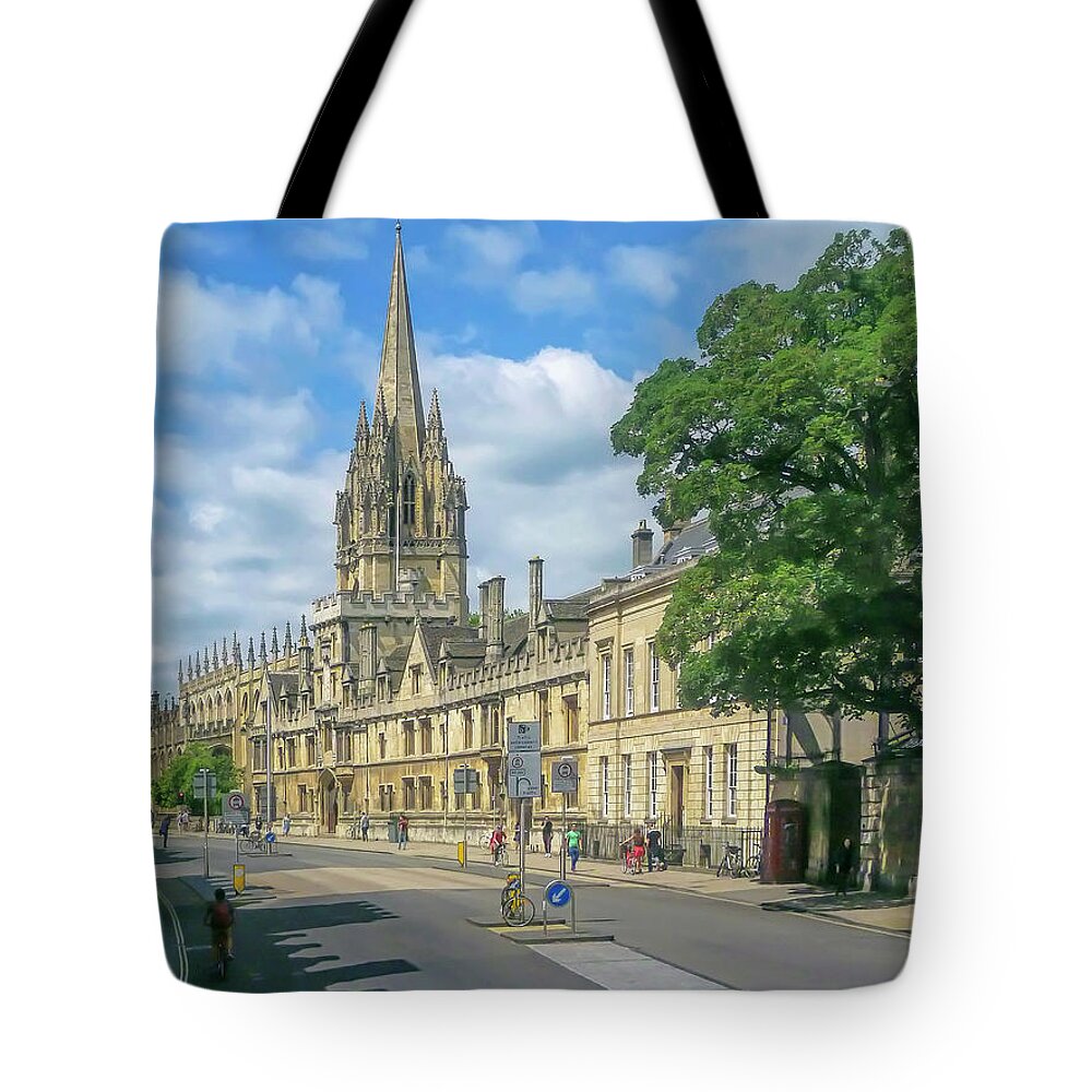 Streetscape Tote Bag featuring the photograph The Sunny Side of the Street - Oxford UK by Tony Crehan