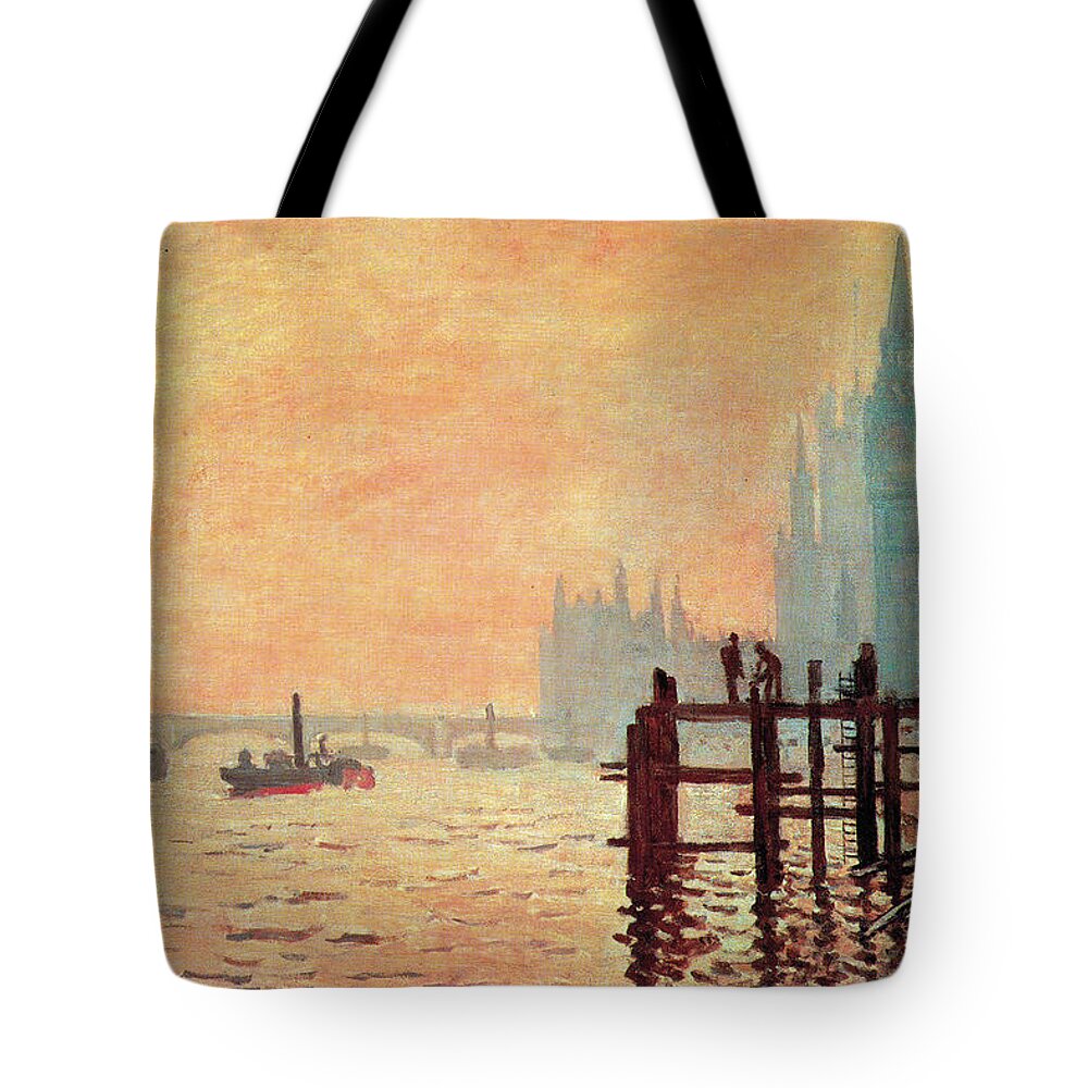 Sunset Tote Bag featuring the painting The Thames and Westminster by Claude Monet