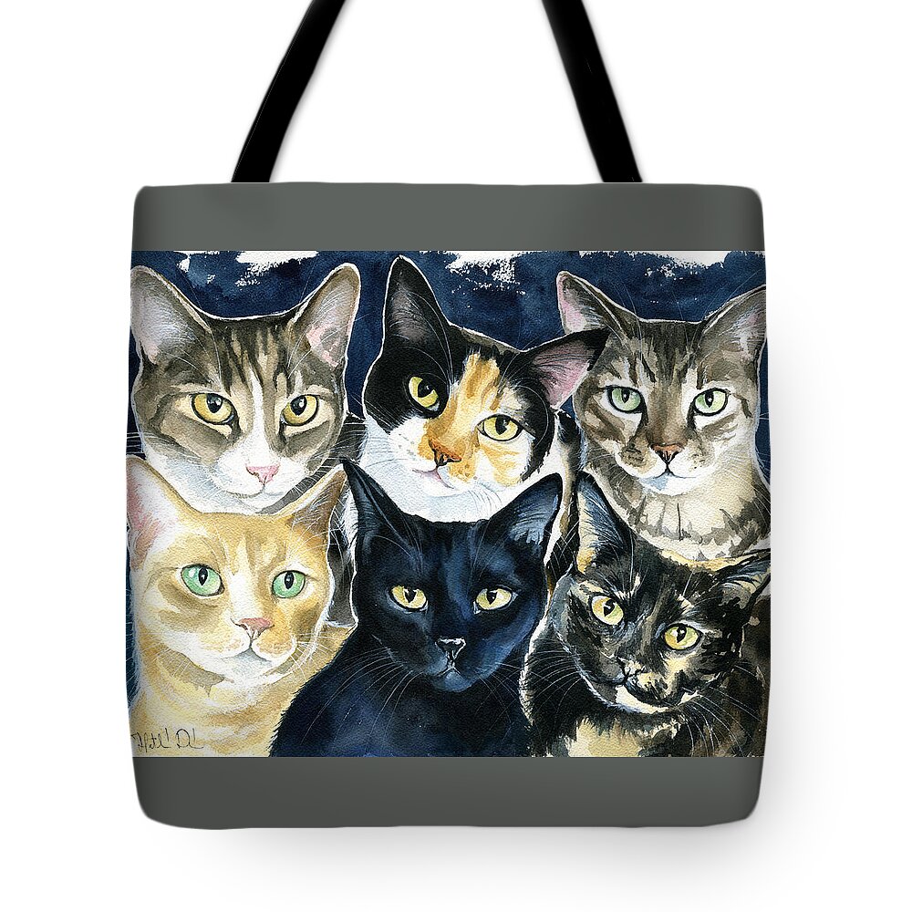 Pet Portrait Tote Bag featuring the painting The Tuna Can Gang by Dora Hathazi Mendes