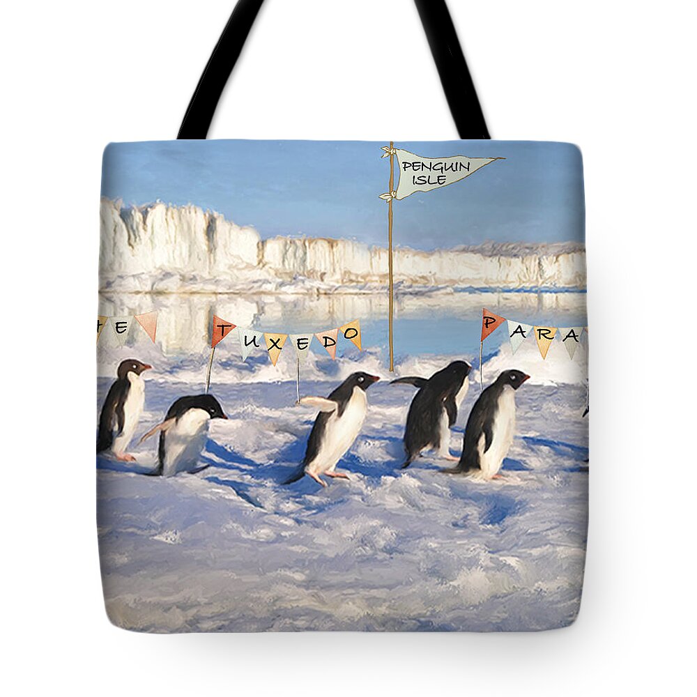 Penguins Tote Bag featuring the mixed media The Tuxedo Parade by Colleen Taylor