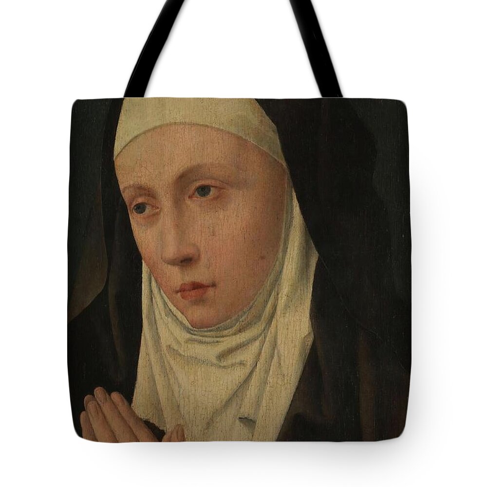 Dieric Bouts Tote Bag featuring the painting 'The Virgin Dolorosa -?-'. Late XV century. Oil on panel. VIRGIN MARY. VIRGEN DOLOROSA. by Dieric Bouts -1415-1475-