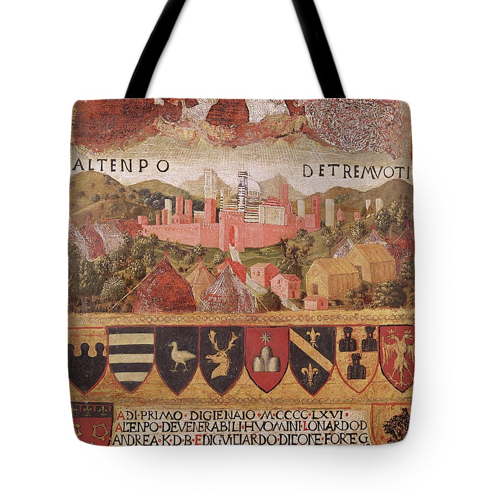 15th Century Tote Bag featuring the painting The Virgin Protecting Siena Against Earthquakes In 1466, 1467 by Francesco Di Giorgio Martini