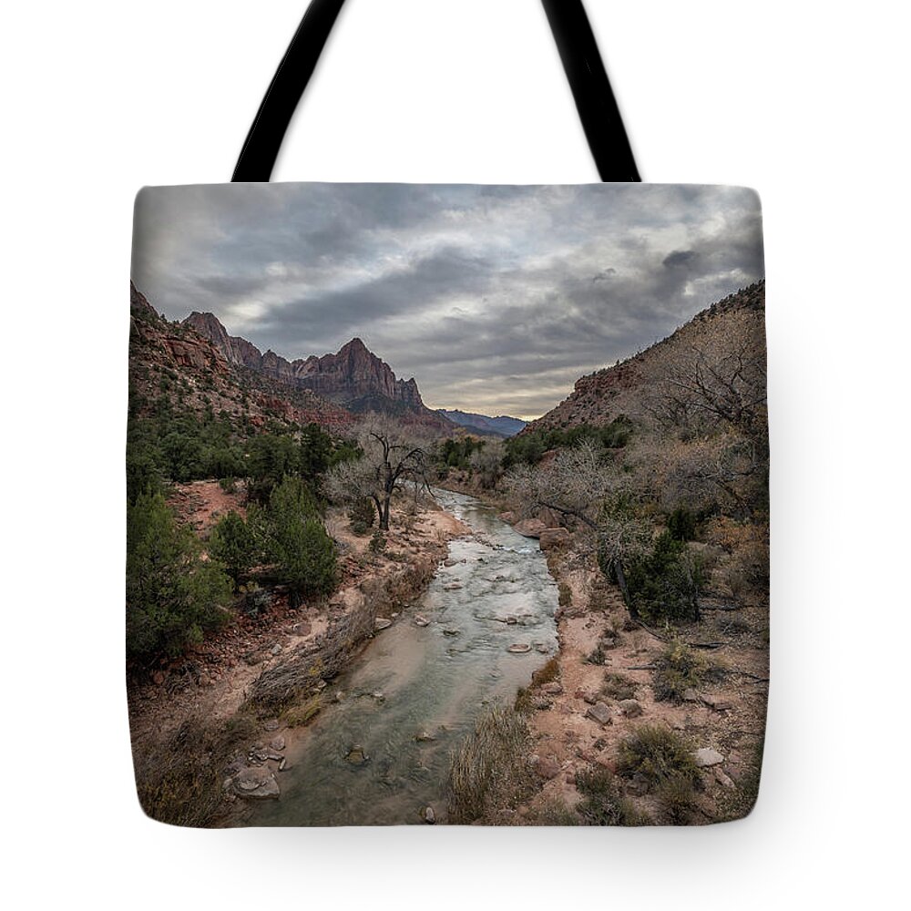 2018 Tote Bag featuring the photograph The Virgin River leads us to the Watchman at Zion National Park by Constance Puttkemery