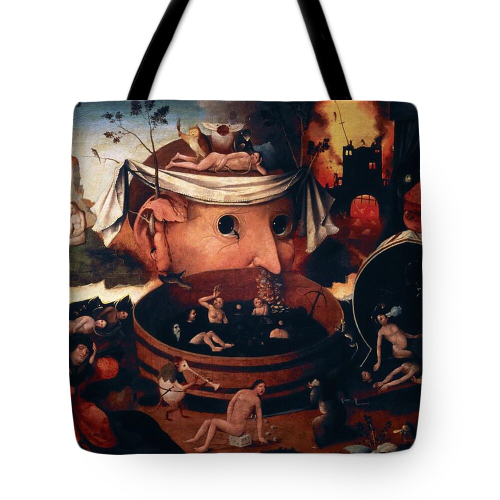 Hieronymus Bosch Tote Bag featuring the painting The Vision of Tondal, oil on tablet, 54 cm x 72 cm. by Hieronymus Bosch -c 1450-1516-