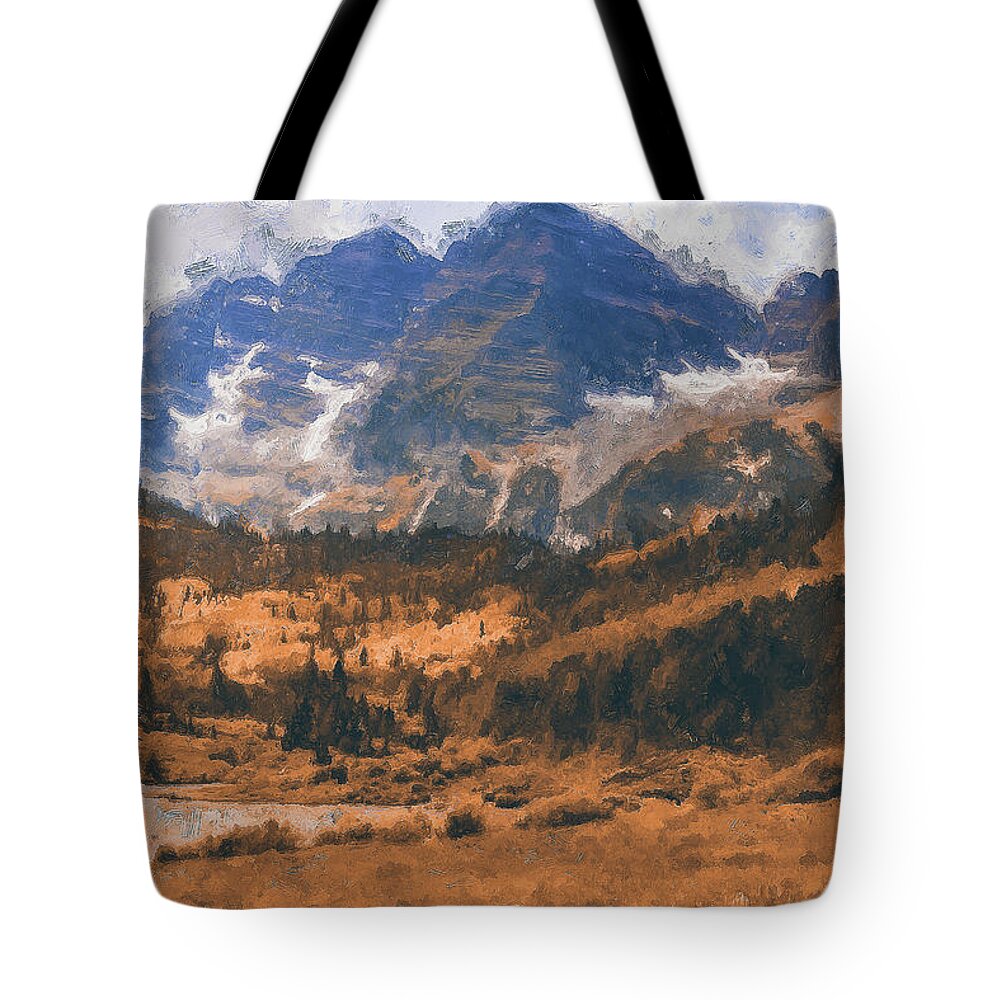 North Maroon Peak Tote Bag featuring the painting The Wonderful Maroon Bells - 11 by AM FineArtPrints