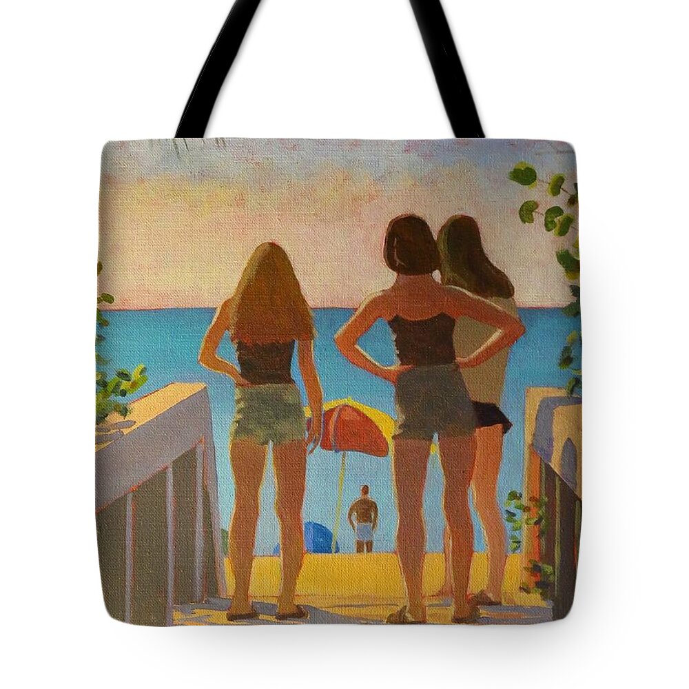 Beach Tote Bag featuring the painting Three Beach Girls by David Gilmore
