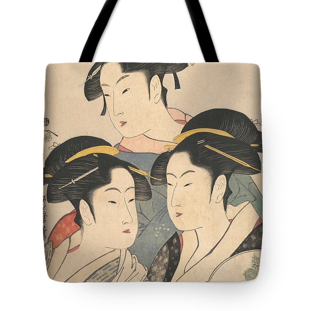 19th Century Art Tote Bag featuring the relief Three Beauties of the Kwansei Period by Kitagawa Utamaro
