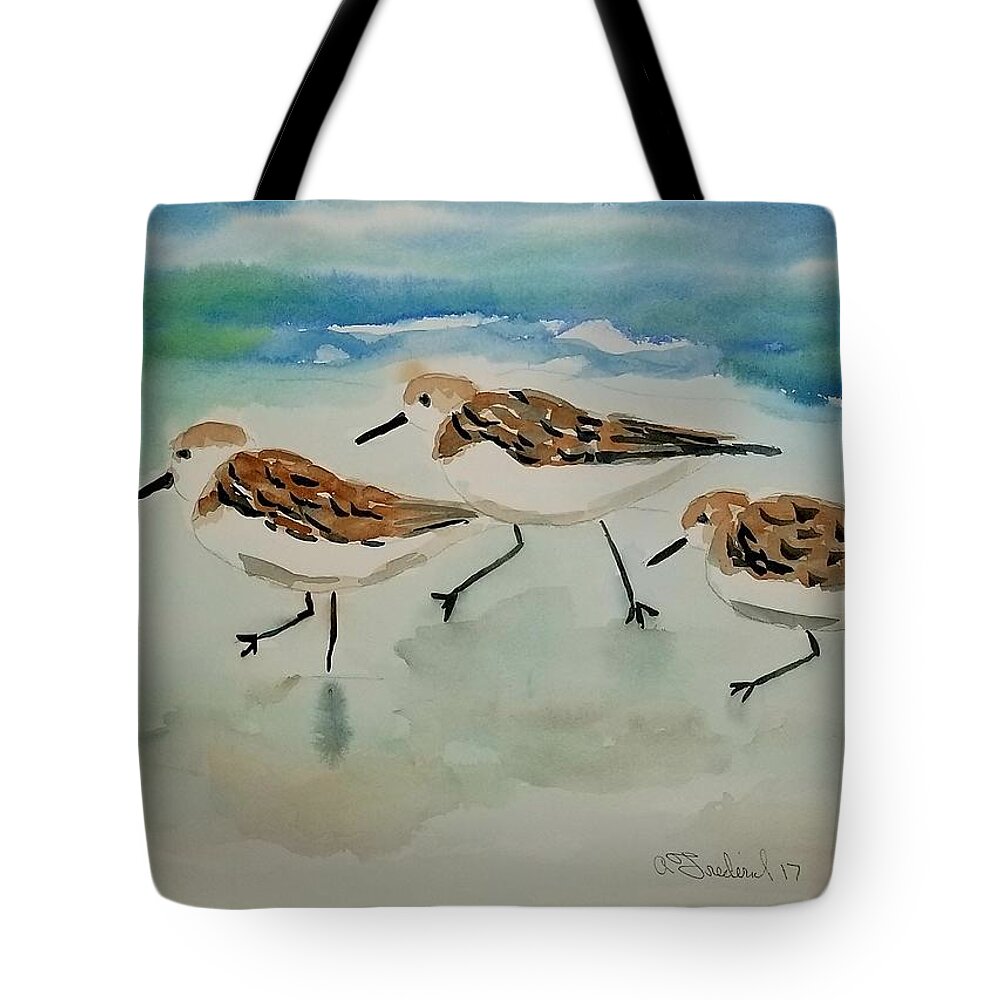 Plovers Tote Bag featuring the painting Three birds at the beach by Ann Frederick