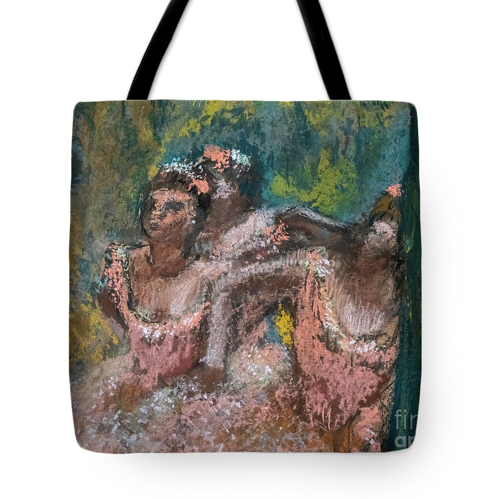 Dance Tote Bag featuring the painting Three Dancers In Salmon Skirts Detail by Edgar Degas