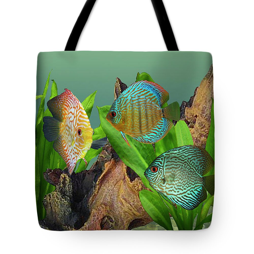 Fish Tote Bag featuring the digital art Three Discus Fish by M Spadecaller