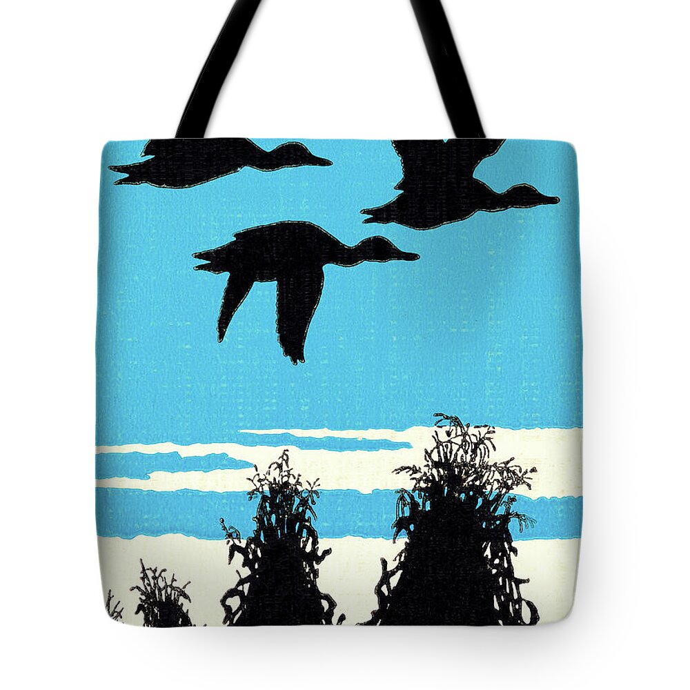 Animal Tote Bag featuring the drawing Three Ducks Flying at Night by CSA Images