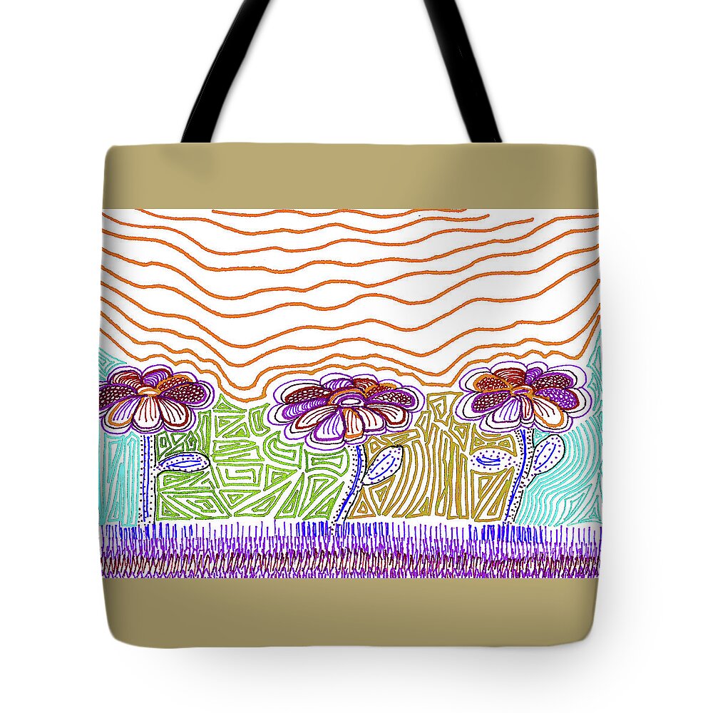 Flowers Tote Bag featuring the drawing Three Flowers Orange and Purple by Corinne Carroll