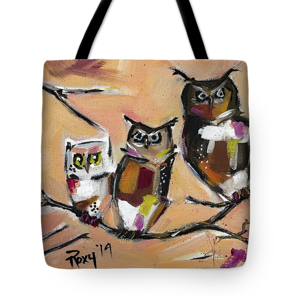 Owl Tote Bag featuring the painting Three in the Tree by Roxy Rich