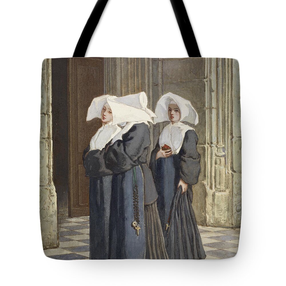 19th Century Art Tote Bag featuring the drawing Three Nuns in the Portal of a Church by Armand Gautier