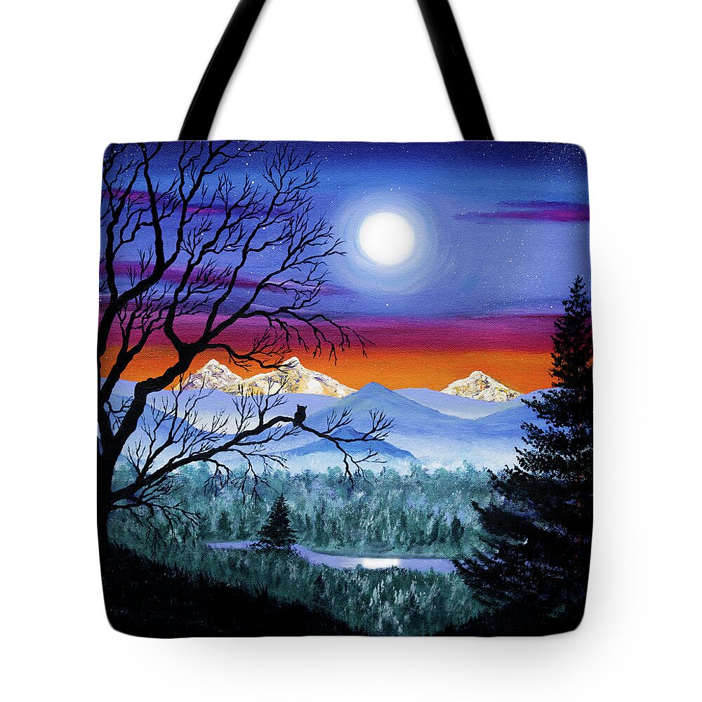 Oregon Tote Bag featuring the painting Three Sisters Overlooking a Moonlit River by Laura Iverson