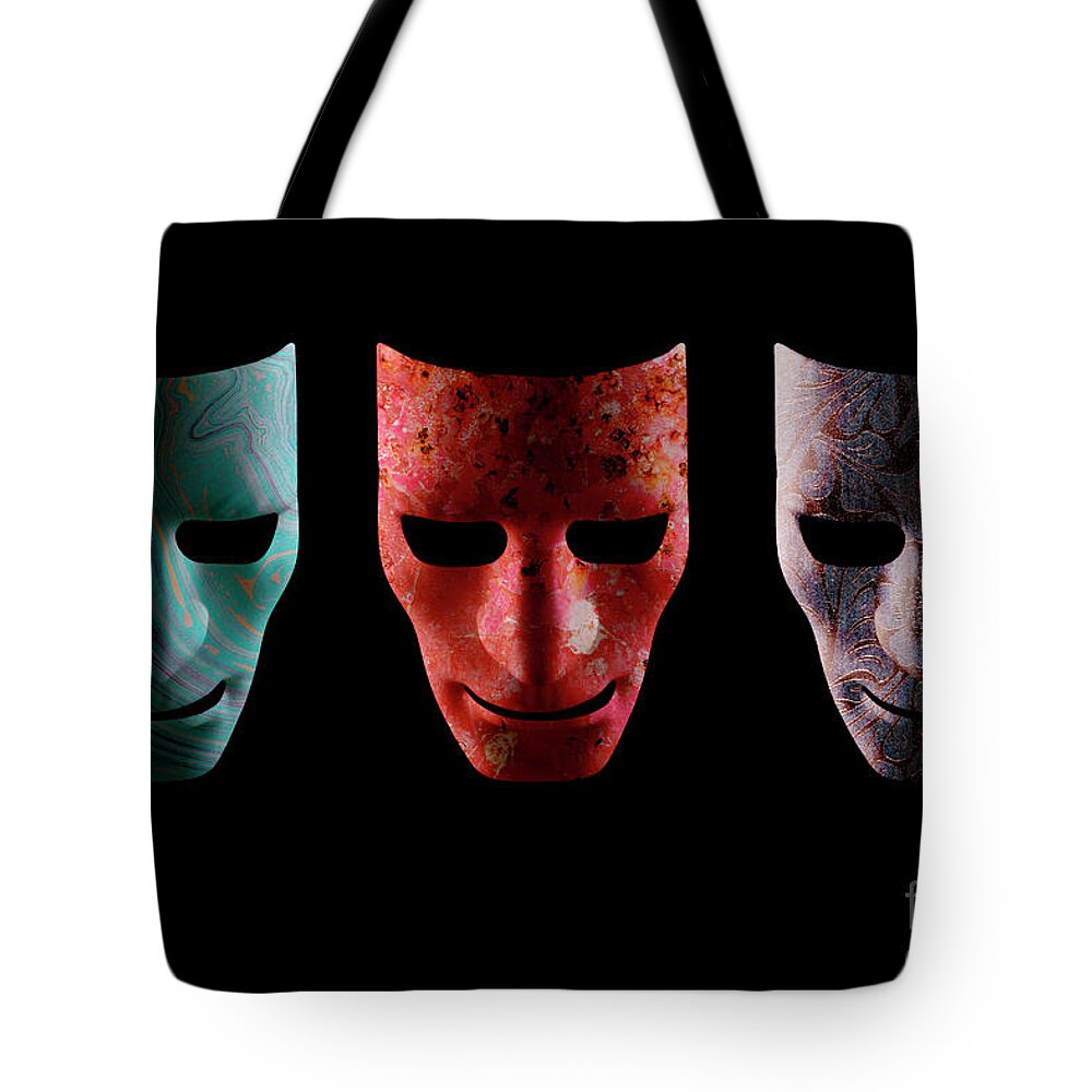 Mask Tote Bag featuring the photograph Three textured AI robotic face masks by Simon Bratt