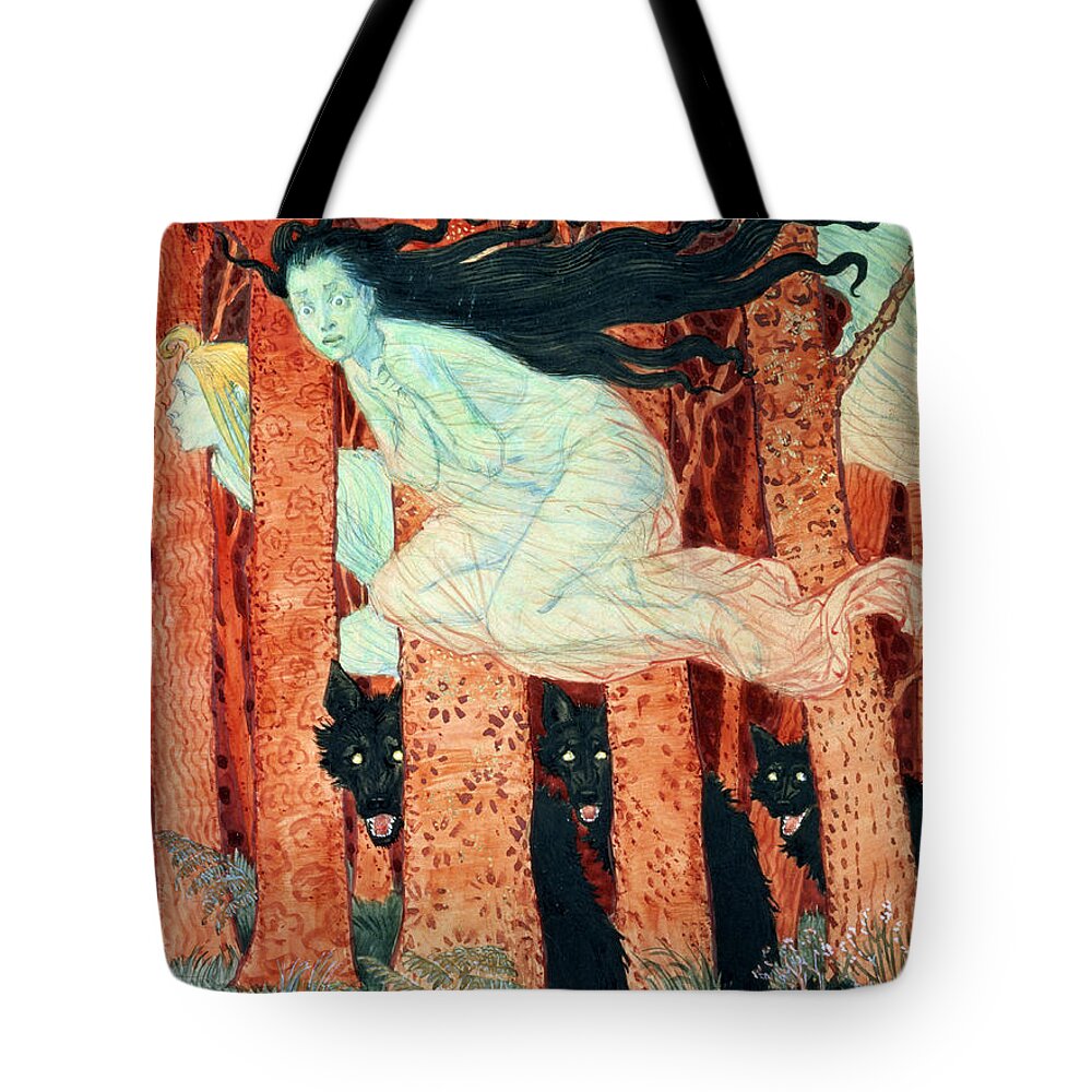 Witches Tote Bag featuring the painting Three Women and Three Wolves by Eugene Grasset