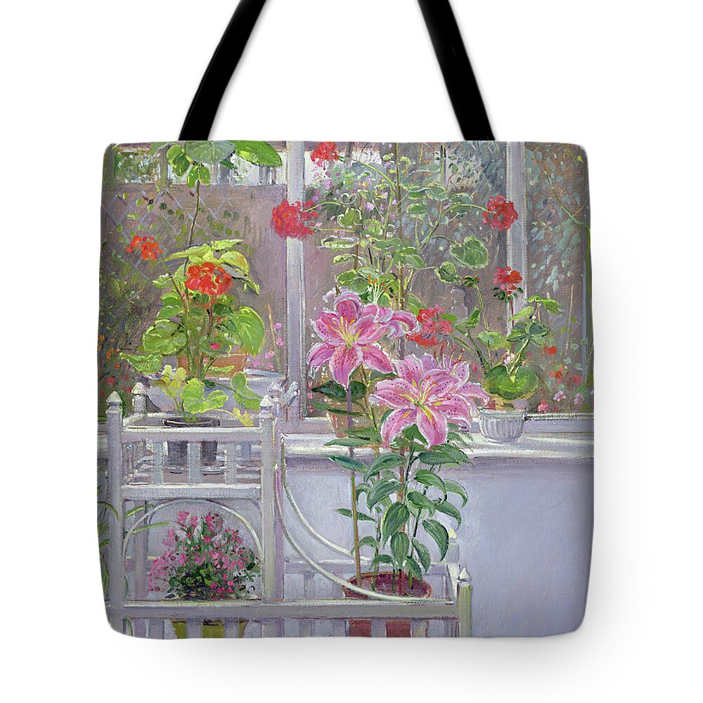 Glasshouse Tote Bag featuring the painting Through The Conservatory Window by Timothy Easton