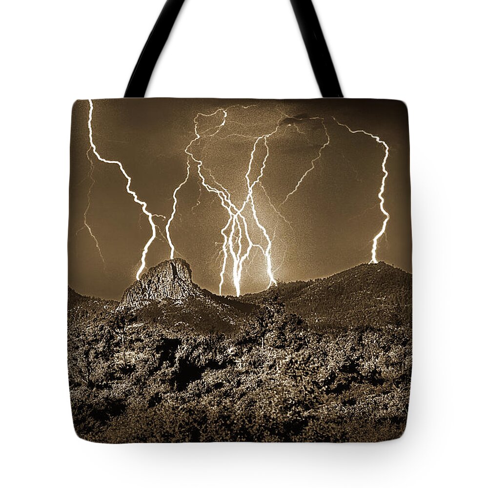 Monsoon Tote Bag featuring the photograph Thumb Butte, Electrical Storm, Sepia, Prescott, Arizona by Don Schimmel