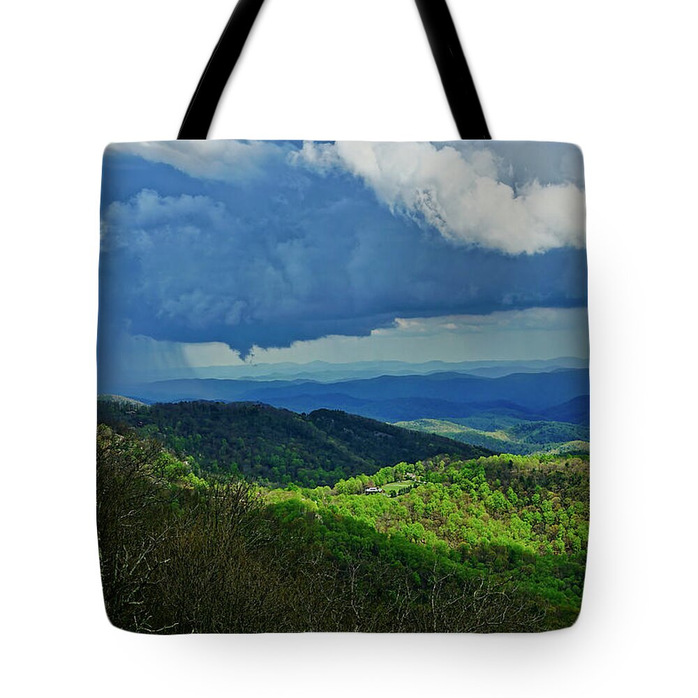 Thunder Mountain Tote Bag featuring the photograph Thunder Mountain Overlook distant rain by Meta Gatschenberger