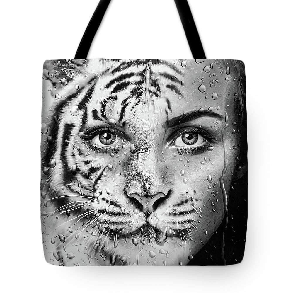Tiger Tote Bag featuring the digital art Tiger Woman by Matthias Hauser