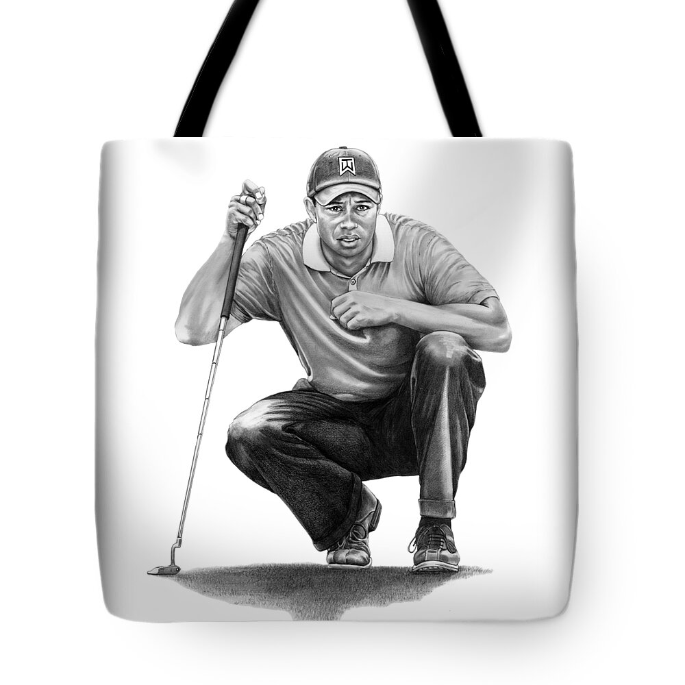 Pencil Tote Bag featuring the drawing Tiger Woods Crouching Tiger by Murphy Elliott