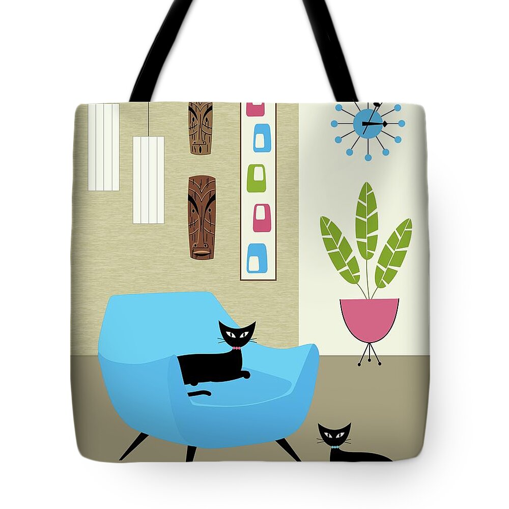 George Nelson Ball Clock Tote Bag featuring the digital art Tikis on the Wall in Blue and Pink by Donna Mibus