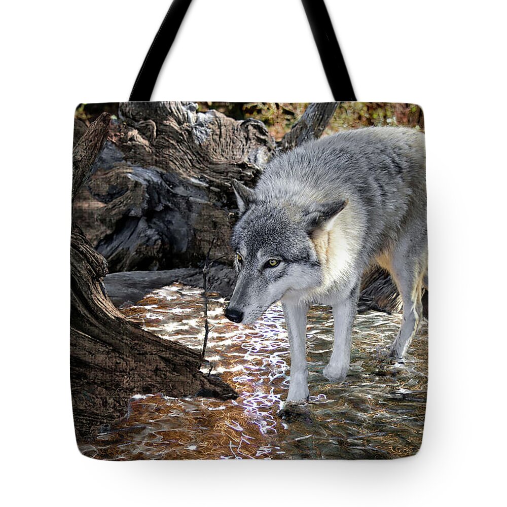 Wolf Tote Bag featuring the photograph Timber Wolf Stalking by Jeannee Gannuch