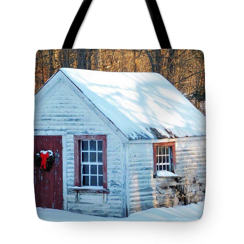 Red Tote Bag featuring the photograph - Tiny Christmas House by THERESA Nye