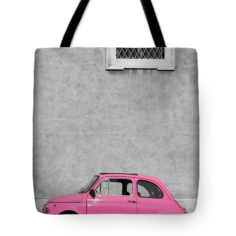 Sparse Tote Bag featuring the photograph Tiny Pink Vintage Car, Rome Italy by Romaoslo