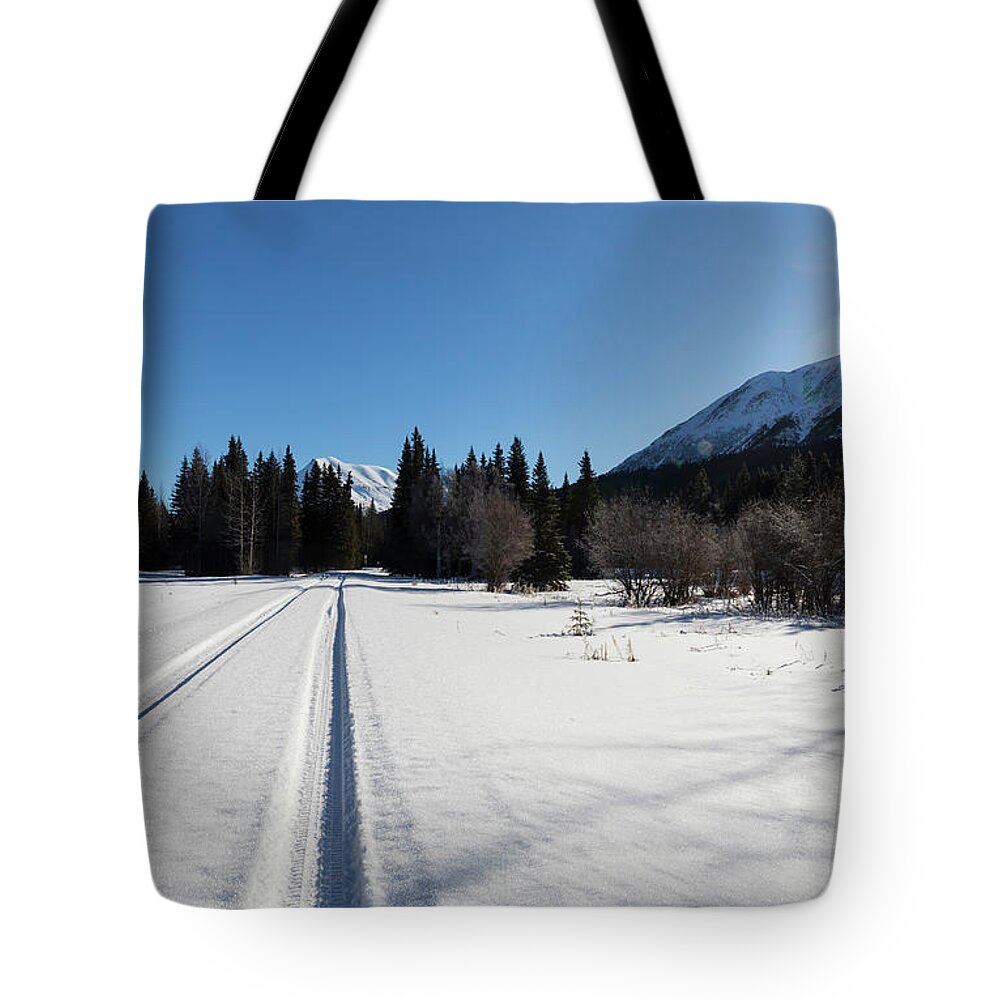 Kenai Peninsula Tote Bag featuring the photograph Tire tracks in snow in an isolated area of the Kenai Peninsula by Louise Heusinkveld